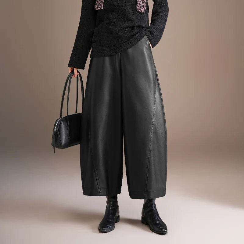 Fashionable High Waist Sheepskin Leather Pants Women's 2026 New Style Nine Points Knife Edge Pants Versatile Ladies Design