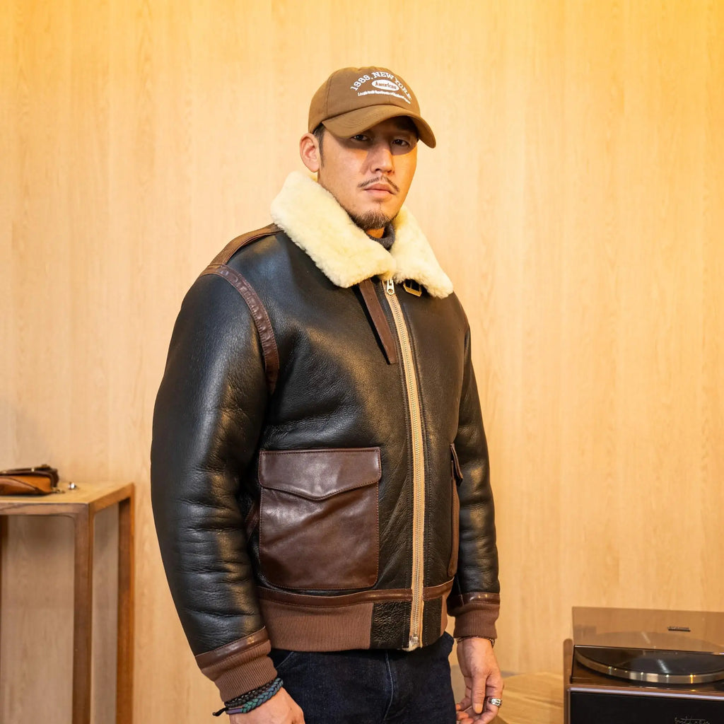 Men's Genuine Sheepskin Shearling Jacket A2 Flight Style Black Brown Fur Collar Winter Bomber Pilot Coat Thick Warm Jacket
