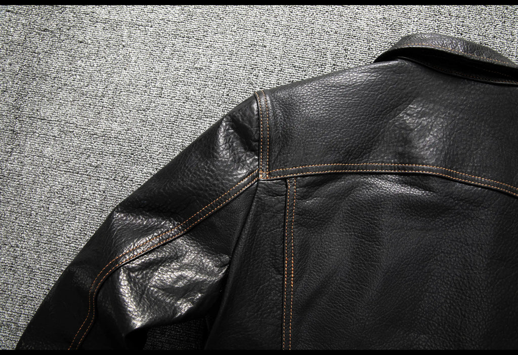 Men's Genuine Sheepskin Leather Trucker Jacket Black Type III Denim Cut Cream Contrast Stitch Brass Snap Short Casual Coat
