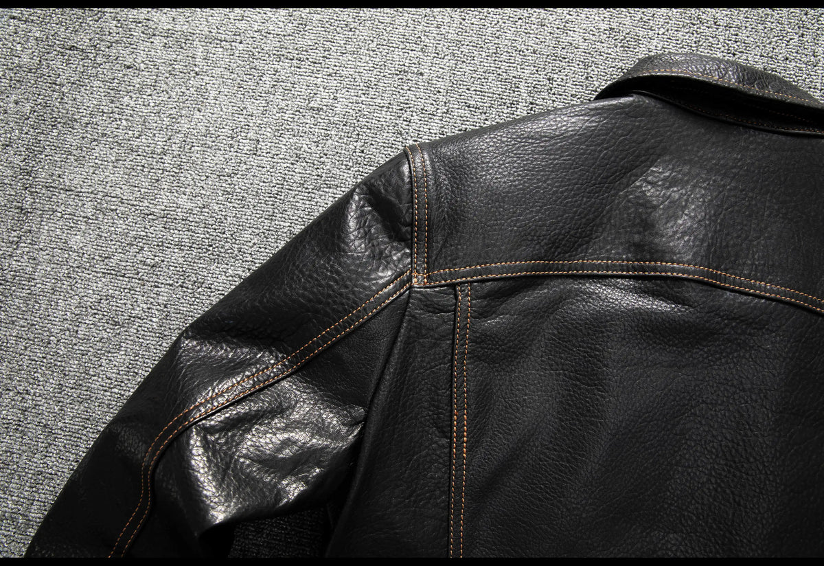 Men's Genuine Sheepskin Leather Trucker Jacket Black Type III Denim Cut Cream Contrast Stitch Brass Snap Short Casual Coat