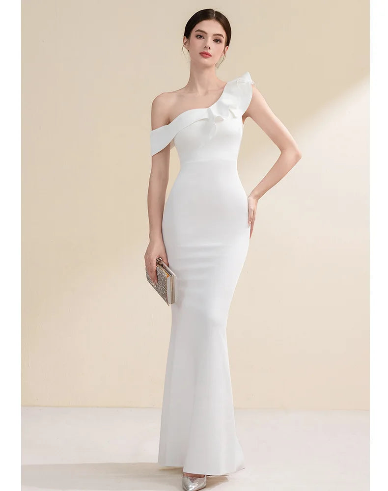 Elegant Evening Gown Slimming Fish Tail Dress Fashionable Shoulder Bared Polyester Long Sleeve High Waist Party Dress
