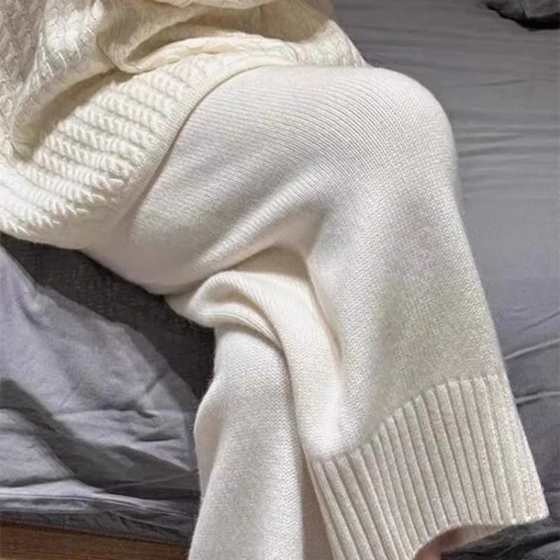 Gray Woolen Knitted Wide Leg Pants Women's Casual Straight Leg Sweatpants Small Size Comfortable Loose Fit Autumn Winter