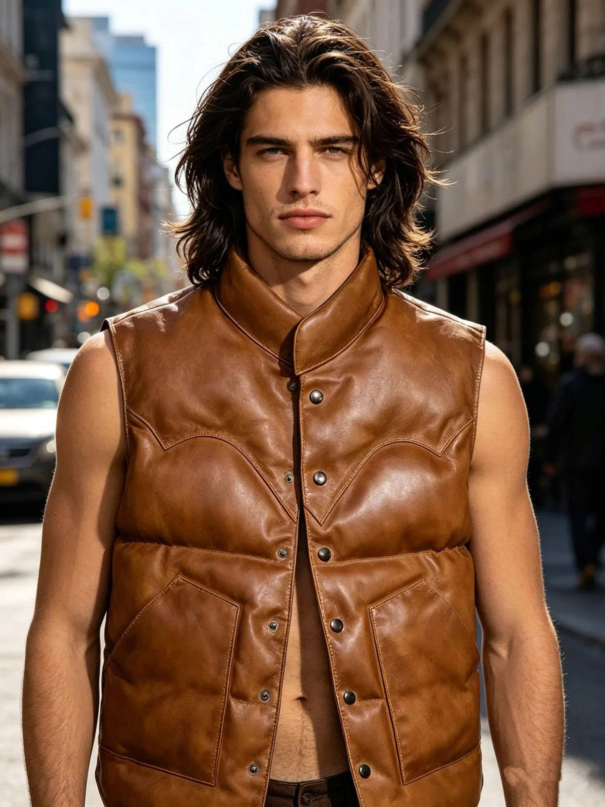 Brown Winter Down Vest Men Japan Casual Style Plus Size 5XL Genuine Natural Sheepskin Stand Collar Single Breasted Leather Vest