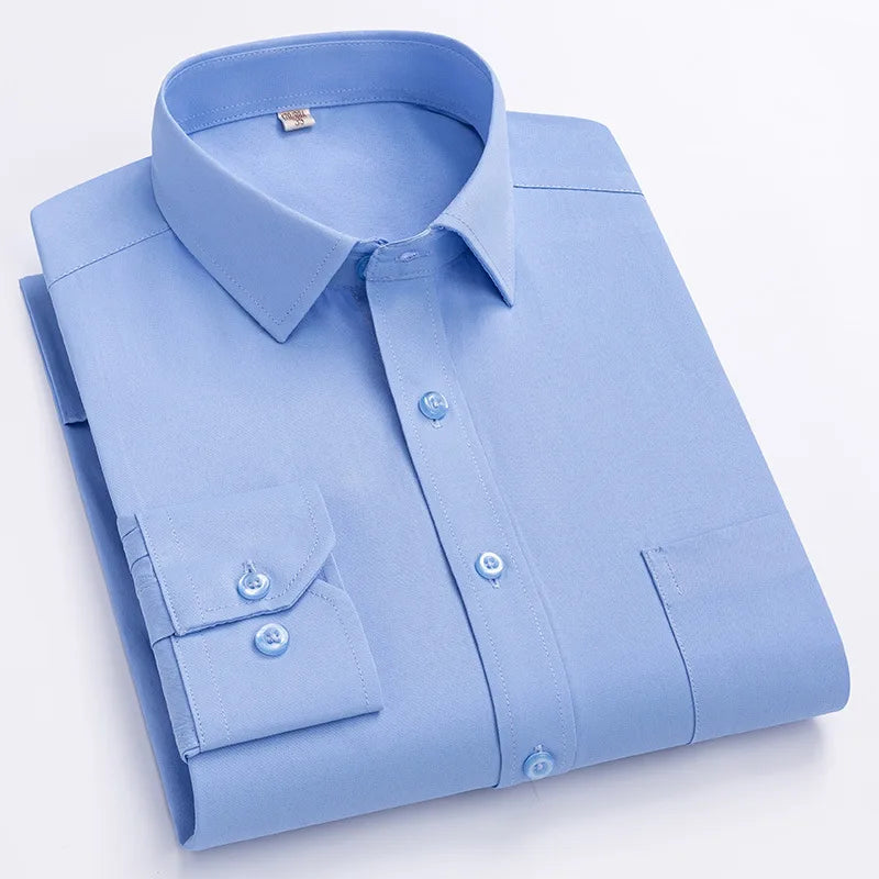 Men Formal Shirt Long Sleeve Office Solid Color Striped Fashion Business Pocket White Social Shirt Men's Clothing 5XL 6XL