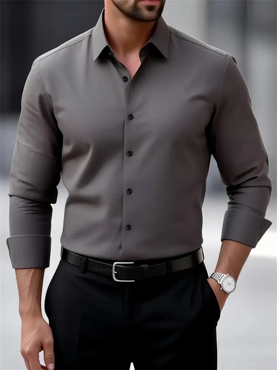 9-Color Men's Shirts, Solid Color Long-Sleeve Shirts, Slim Fit, Wrinkle-Free Professional Shirts, Collared Men's Fashion Tops