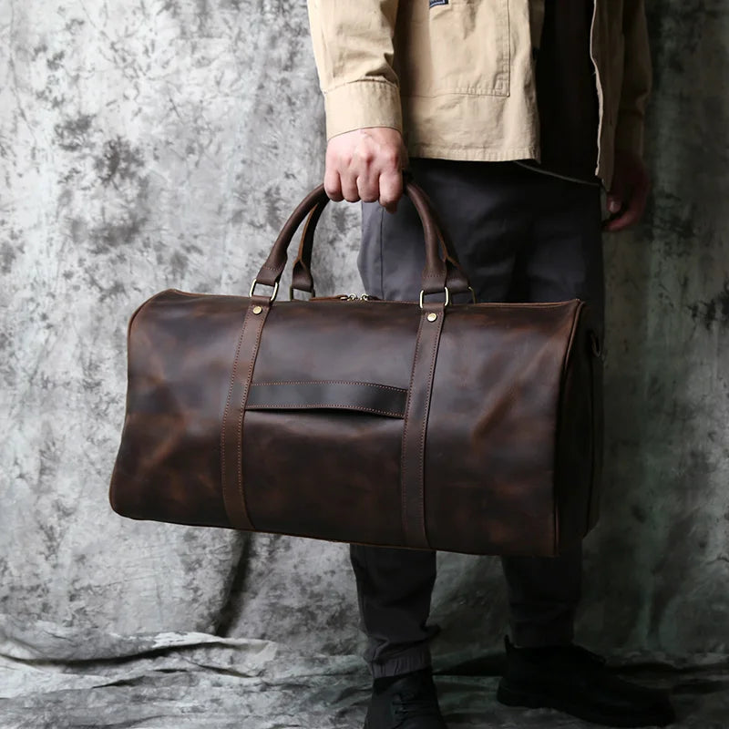 NZPJ Men's Retro Leather Large-capacity Travel Bag Crazy Horse Leather Handbag Top Layer Cowhide Business Trip Shoulder Bag