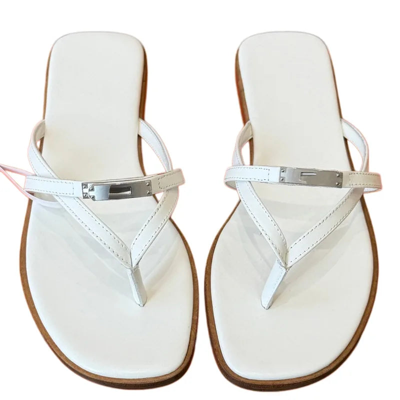 Summer 2026 Women's Casual Metal Lock Buckle Sandals Thong Slippers with Strap for Outdoor Beach Vacation Flat Heel Shoes