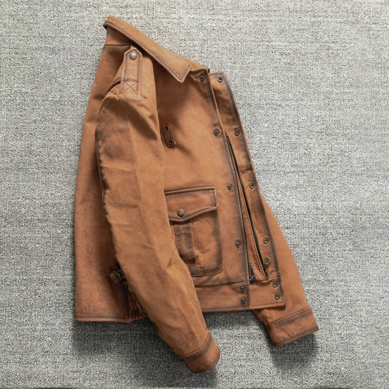 Orange Winter Leather Jacket Men Vintage Style Plus Size 5XL Genuine Natural Cowhide Turn-Down Collar Retro Mounted Police Coat