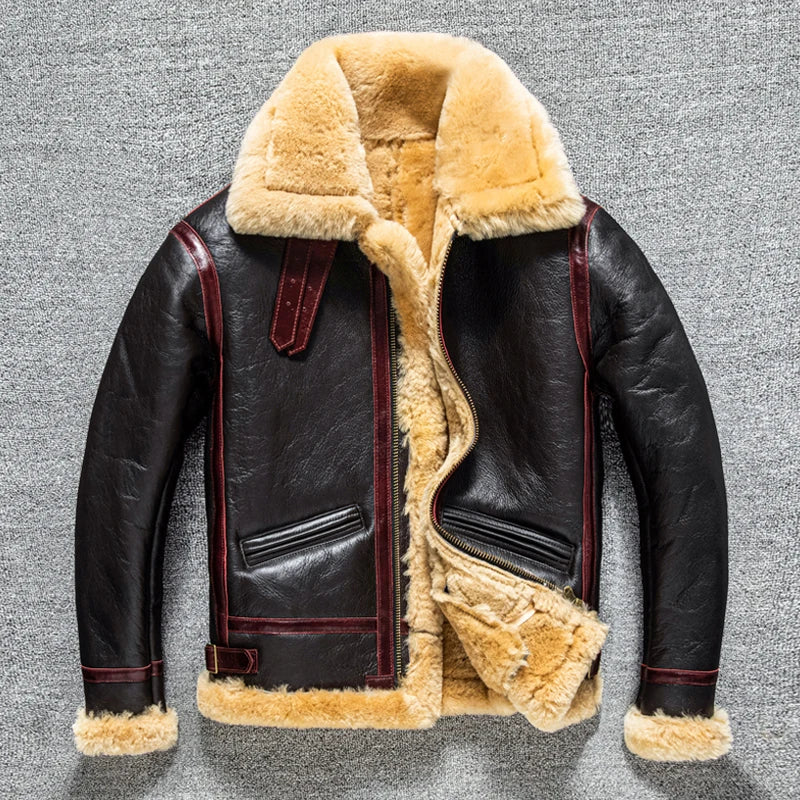 Black Winter Shearling Jacket Men Military Style Plus Size 3XL Genuine Natural Thick Sheepskin Warm B3 Bomber Leather Coat