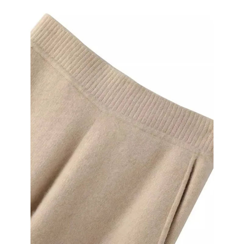 Loose Knitted Cashmere Wide Leg Pants Women's Autumn Winter Woolen Straight Cut Trousers Floor Length Pocket Design Elegant