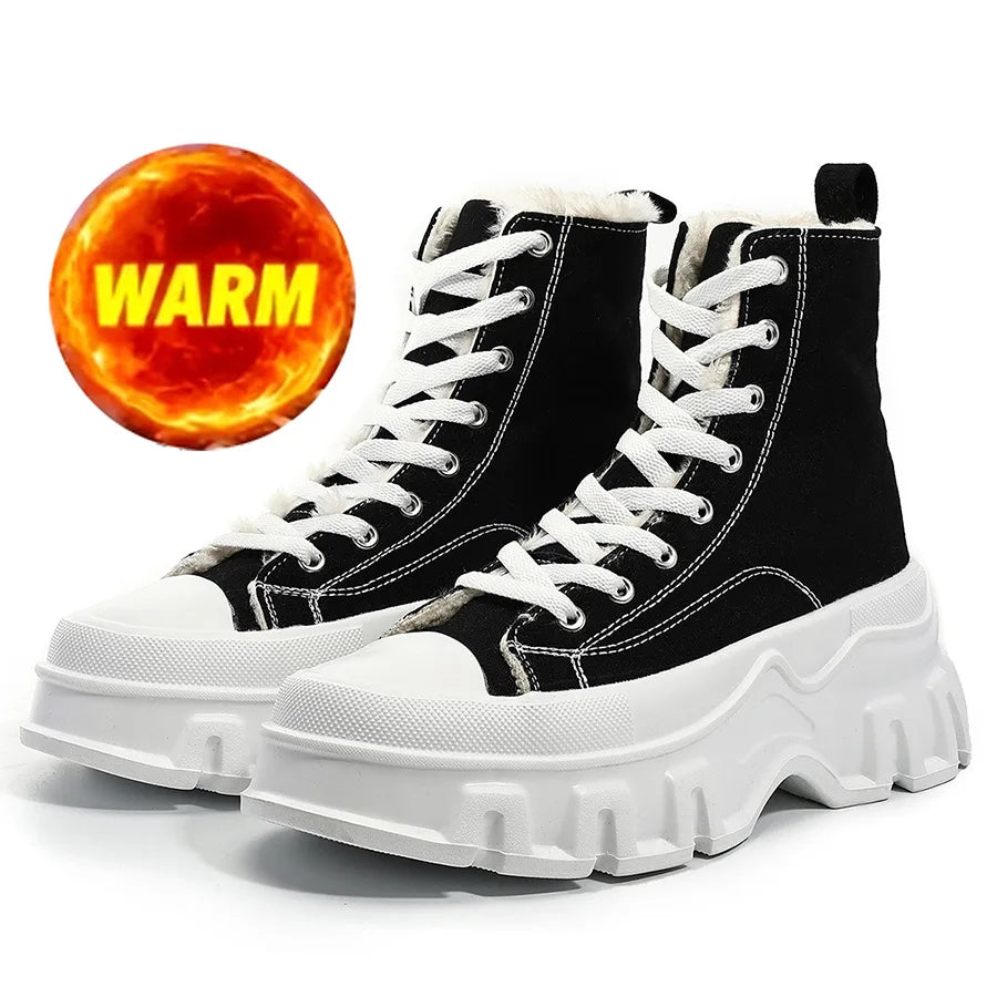 Winter Warm Thick Bottom High Top Canvas Boots Women's Shoes Large Size Black Lace-Up Short Boots Heightening Modern Dance