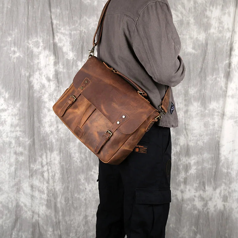 NZPJ Retro Leather Men's Handbag Top Layer Leather Horizontal Computer Bag Crazy Horse Leather Men Casual Shoulder Messenger Bag