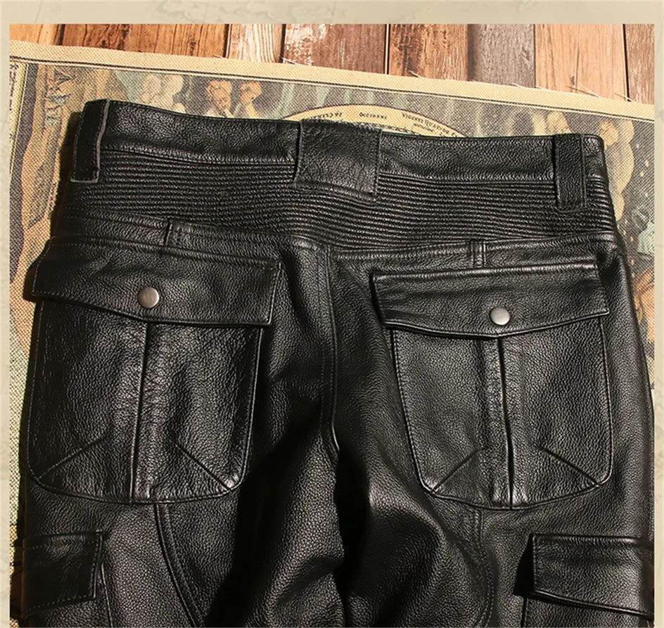 Retro Black Winter Leather Trousers Men Vintage Style Genuine Natural Cowhide Can Add Motorcycle Protection Device Leather Pants
