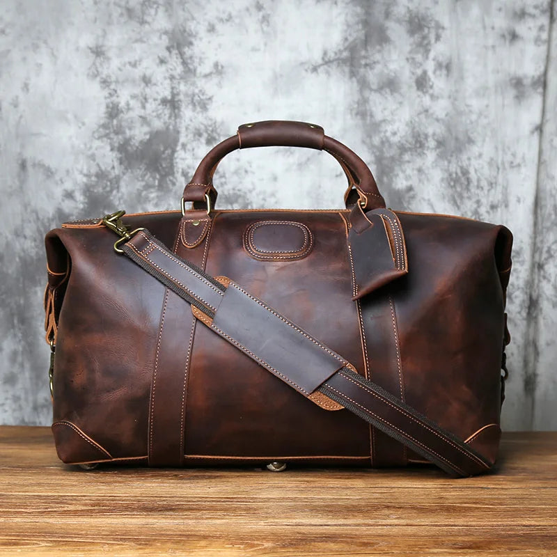 NZPJ Vintage Genuine Leather Men's Travel Bag, Large Capacity Luggage Bag, Crazy Horse Leather Handbag, Natural Cowhide Crossbod