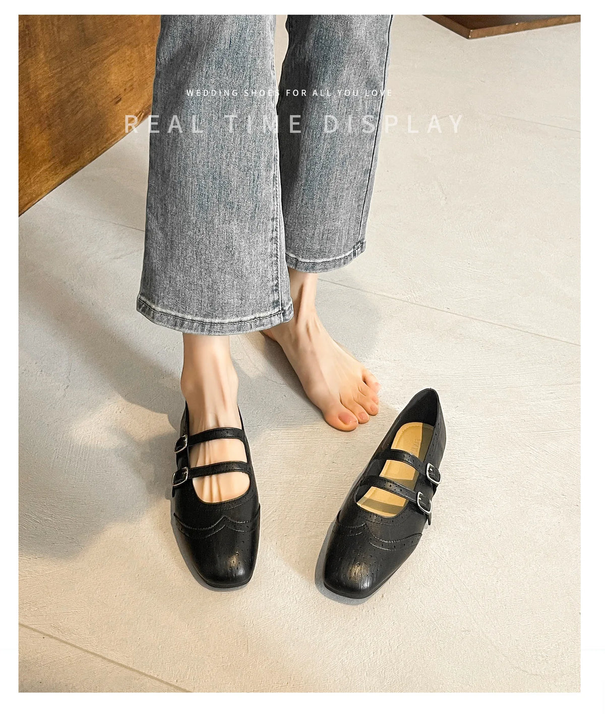 French Style Double Buckle Mary Jane Shoes Women's plus Size Flat Bottom Leather Version Beautiful Carving Spring Summer Autumn