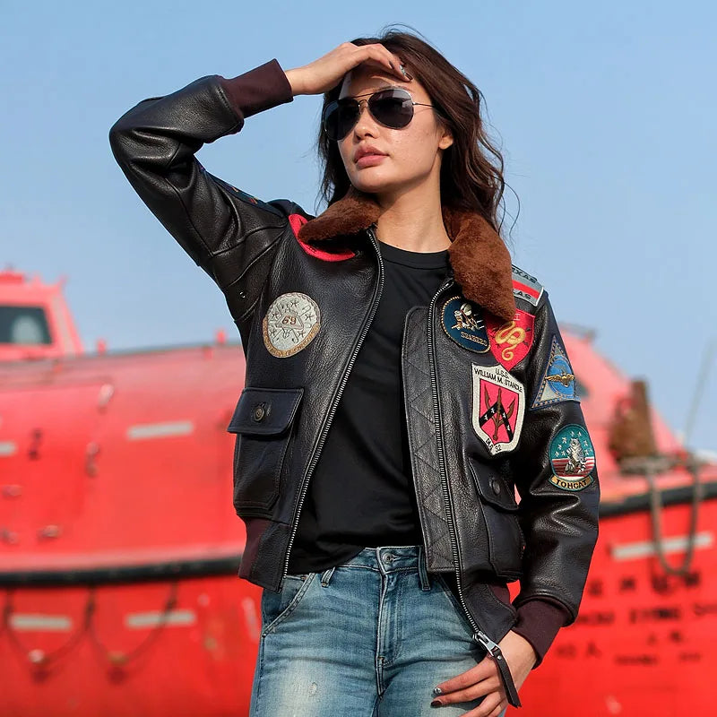 Black Autumn Leather Jacket Women Retro Style Plus Size 3XL Genuine Natural Cowhide Turn-Down Collar Military G1 Flight Coat