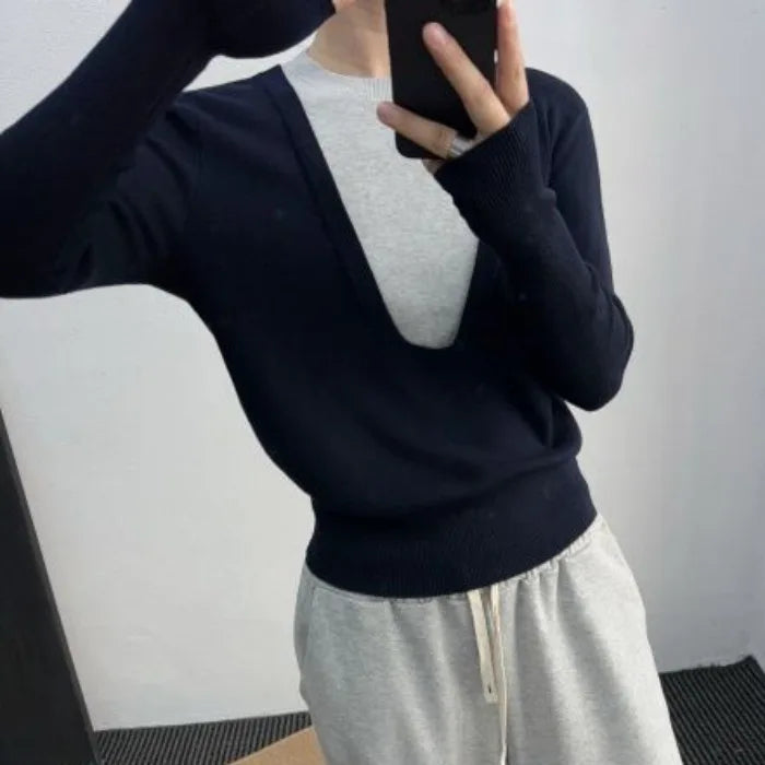 Andy Velvet Washed Large U-Neck Layered Slim Fit Knitwear Design Sensation Color Block Autumn Winter Top Polo Collar Sleeveless