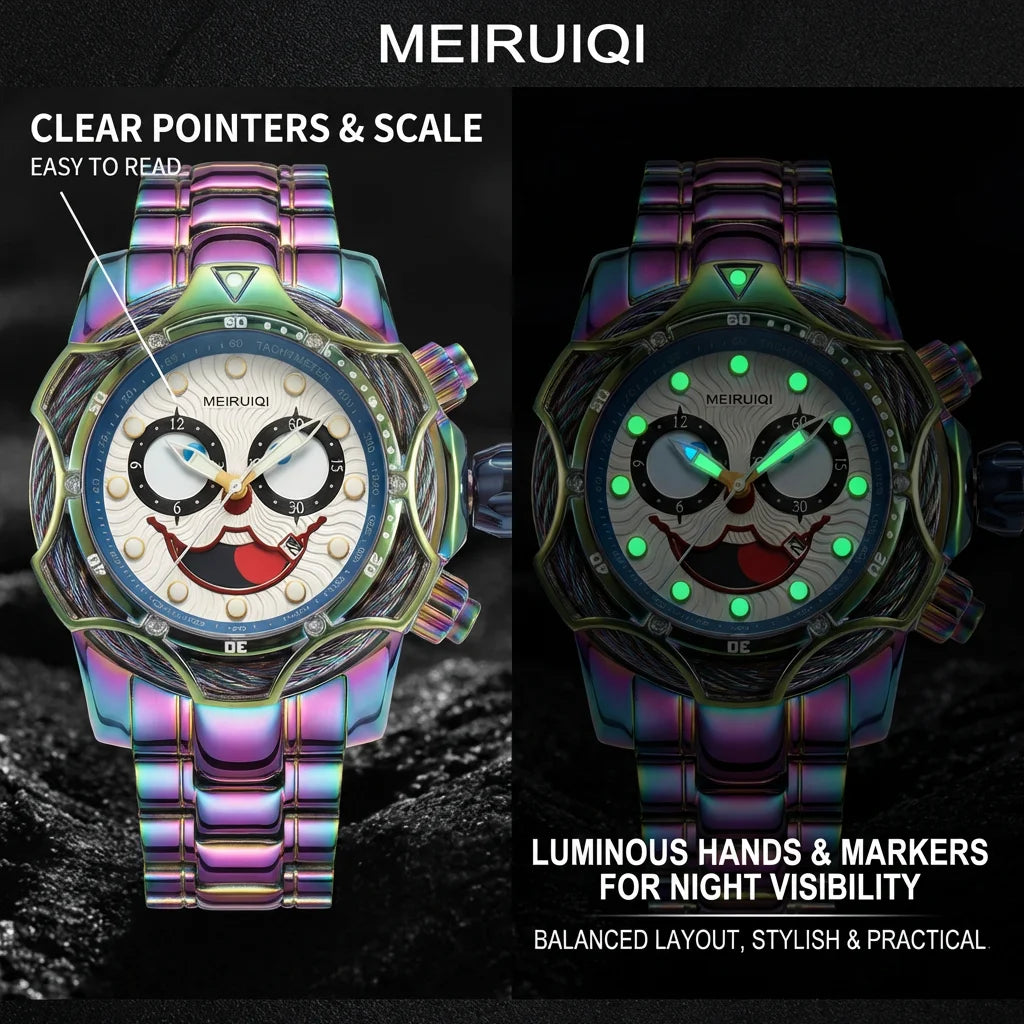 4pc Men's Iridescent Clown Face Metal Band Bold Crystal-studded Sunglasses Perfume Mechanical Watch Gift Box Set for Party