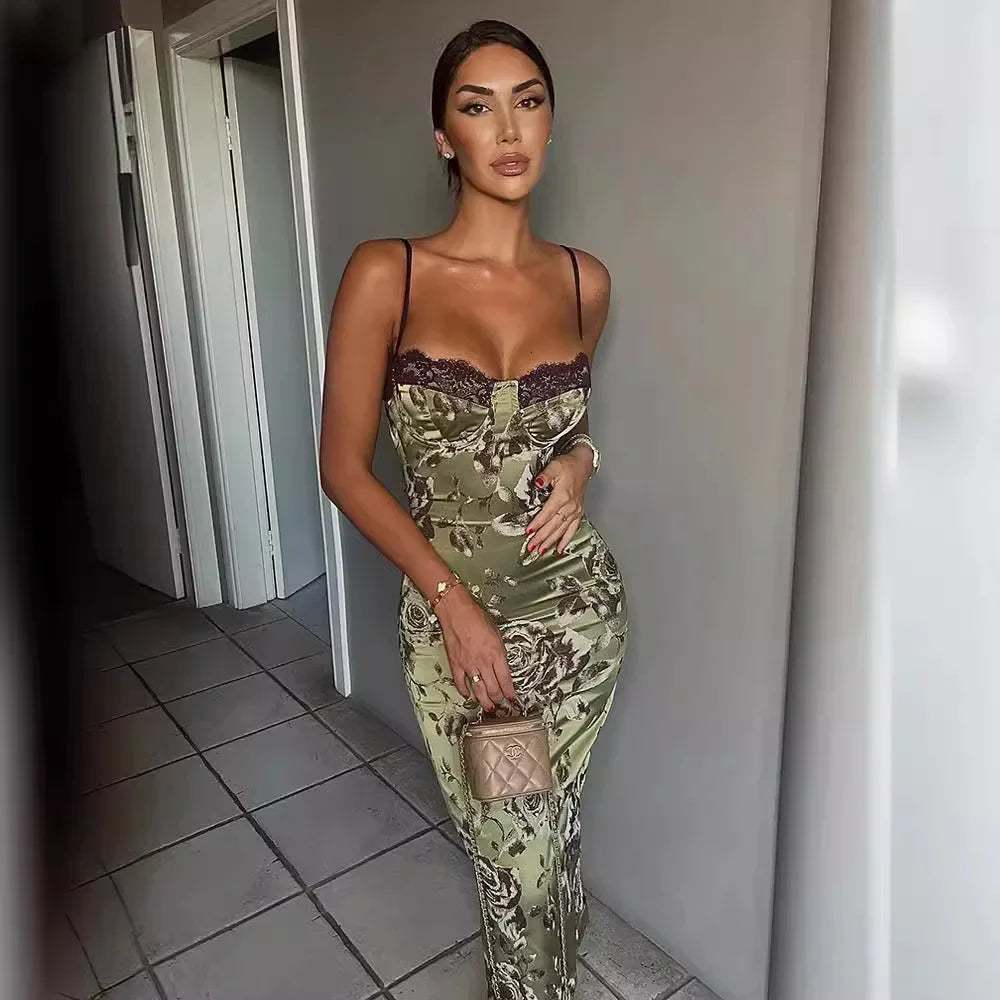 Lace Contrast Trim Floral Print Long Knitted Wrap Dress with Side Slits Sleeveless Women's Dress Casual Comfortable Nightgown