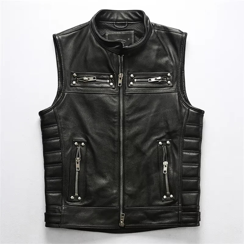 Red Brown Spring Leather Vest Men Retro Style Plus Size 4XL Genuine Natural Cowhide Stand Collar Motorcycle Sports Rivets Vest