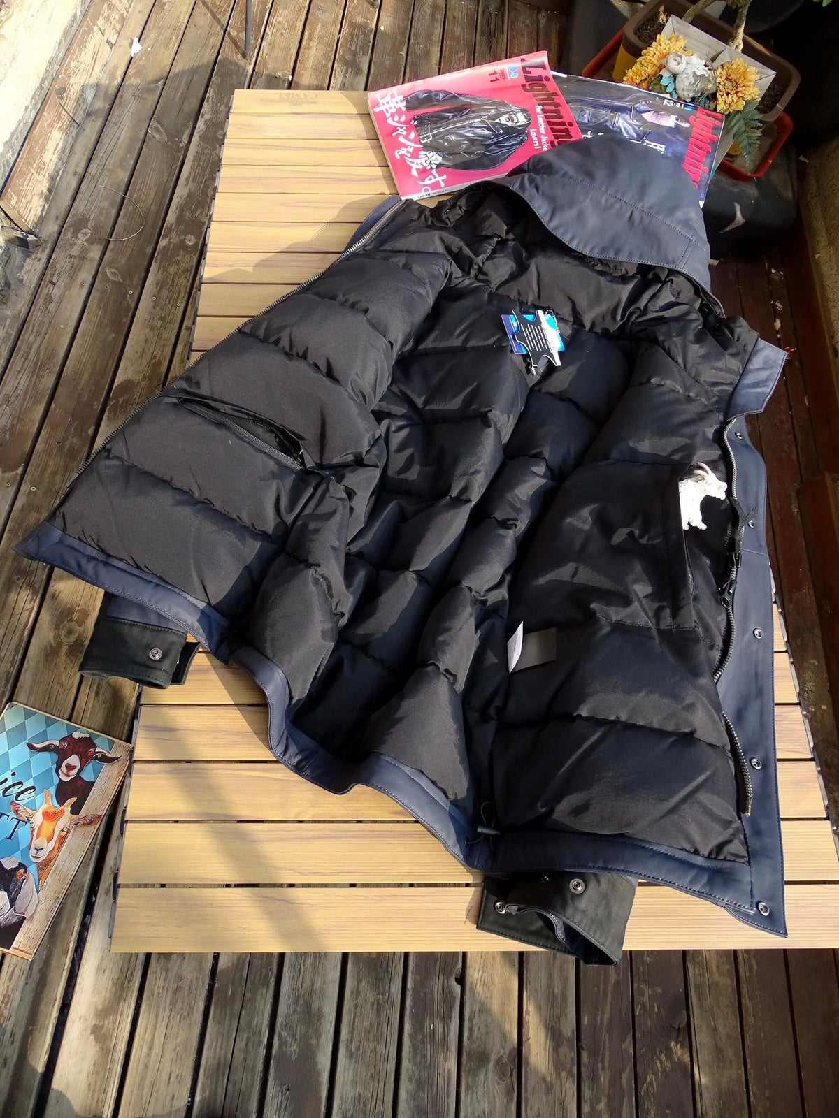 Blue Winter Hooded Leather Down Jacket Men Casual Style Europe Size Genuine Natural Sheepskin Thick Warm Spliced Coat