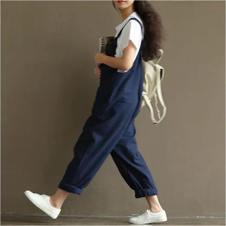 Artistic Vintage Deep Blues Cotton Strap Casual Trousers Women's 1701 European American Style