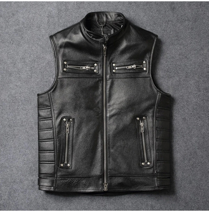 Black Four Seasons Leather Vest Men Vintage Style Plus Size 4XL Genuine Natural Cowhide Stand Collar Rivets Vest
