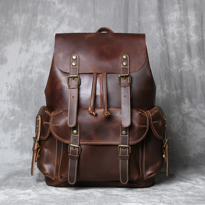 Retro Leather Men's Backpack Top Layer Cowhide Travel Backpack Large Capacity School Bag Crazy Horse Leather Laptop Bag NZPJ