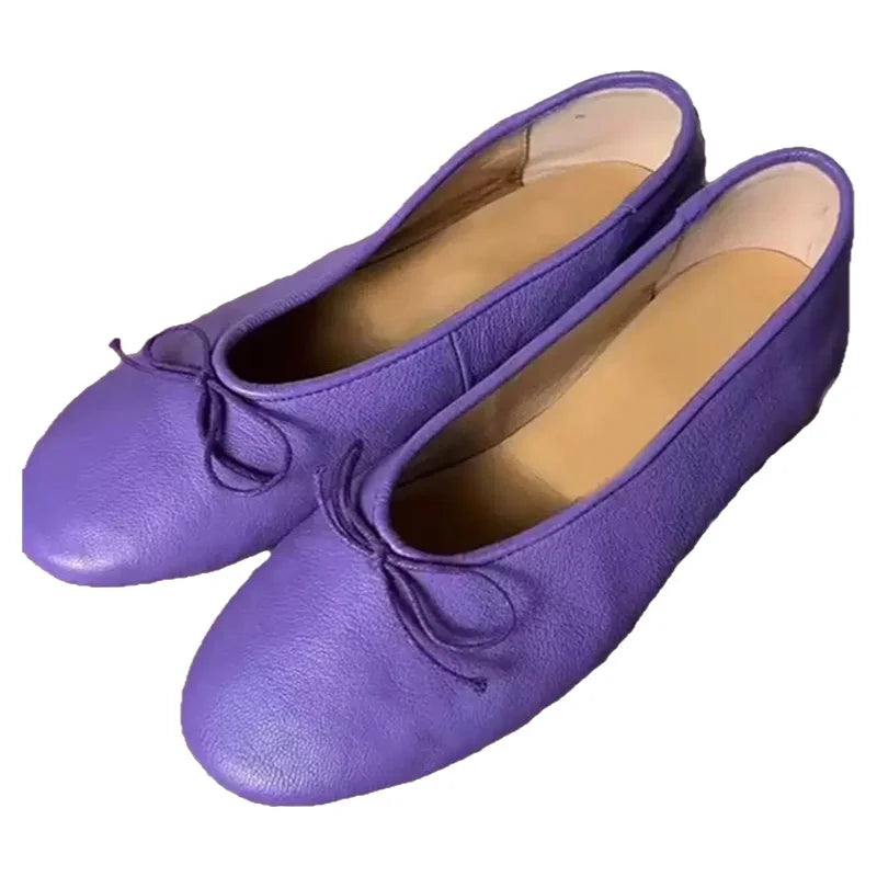 Soft Leather Purple Flat Ballet Flats Women's Shoes Gentle Lady Butterfly Knot Commuter round Toe Shoes Modern Minimalist Style