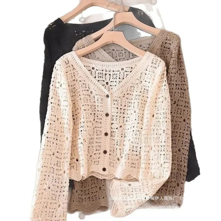 Elegant Black V-neck Long Sleeve Knitted Open Cardigan Women's Hollow out Embroidery Minimalist Versatile Item Summer Thin