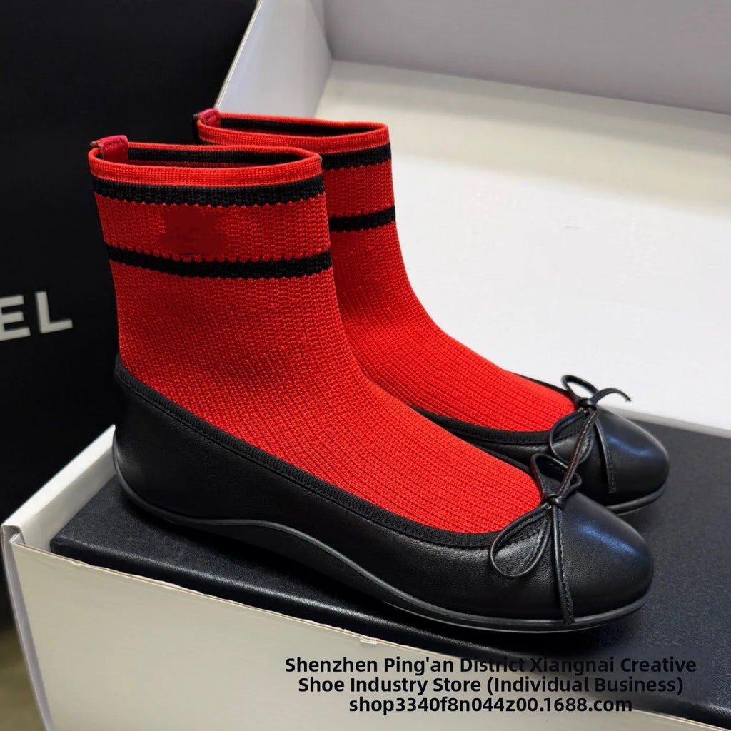 Elegant Mary Jane Shoes Women's Casual Butterfly Knot Elastic Slim Boots French Ballet Style Splicing Breathable Waterproof