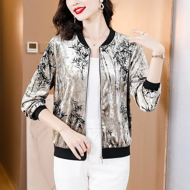 Gold Velvet Short Sleeveless Jacket Women's 2026 Spring Autumn Floral Print Thin Long Sleeve Baseball Style Casual Comfortable