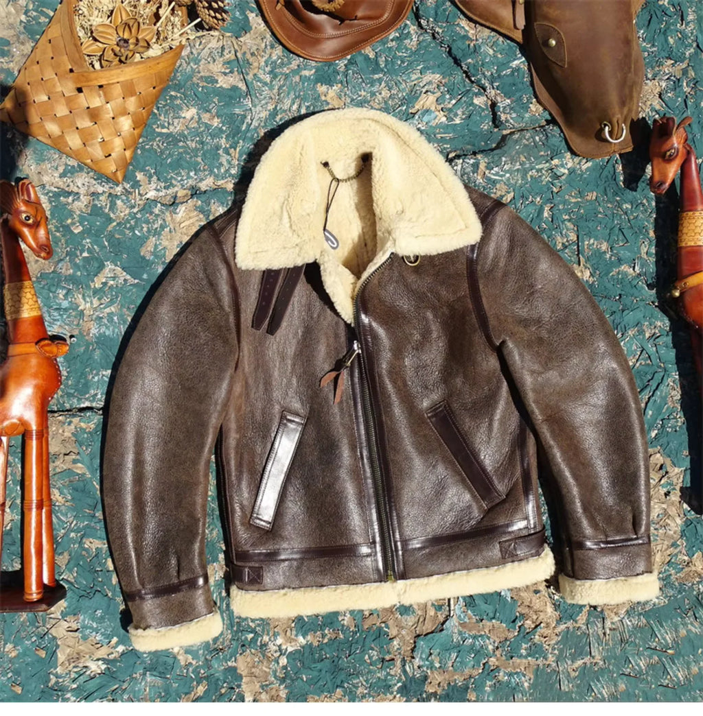 Dark Brown Winter Shearling Jacket Men Retro Style Plus Size 5XL Genuine Natural Thick Sheepskin B6 Bomber Flight Coat