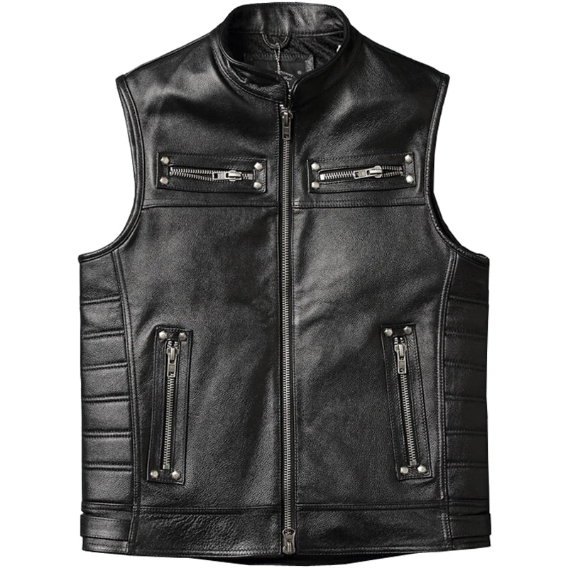 Black Four Seasons Leather Vest Men Vintage Style Plus Size 4XL Genuine Natural Cowhide Stand Collar Rivets Vest
