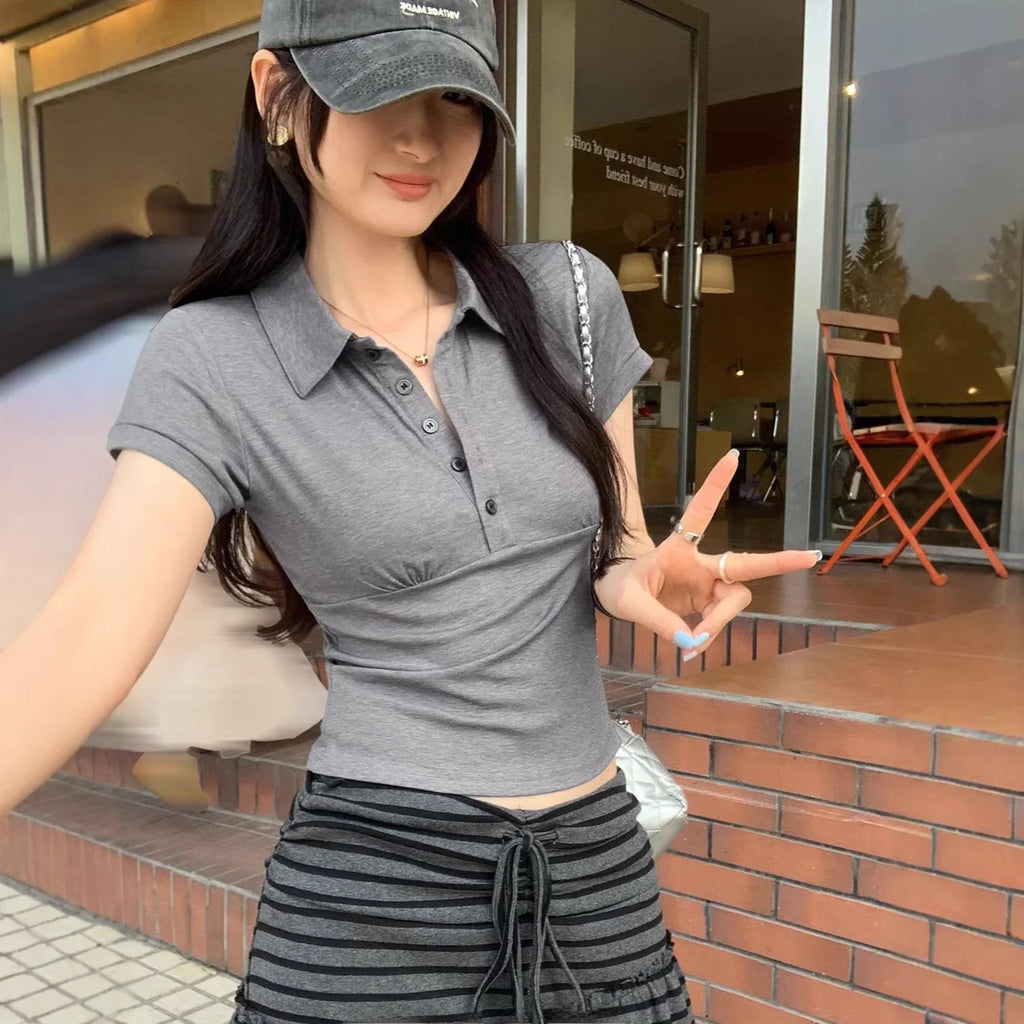 American Style Collared Short Sleeve T-Shirt Women Summer Slim Fit Flattering Short Length Fashionable Casual Commute Wear
