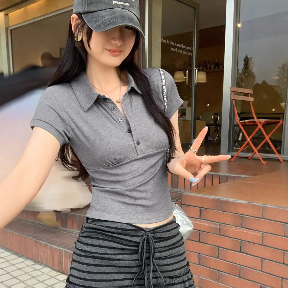 American Style Collared Short Sleeve T-Shirt Women Summer Slim Fit Flattering Short Length Fashionable Casual Commute Wear