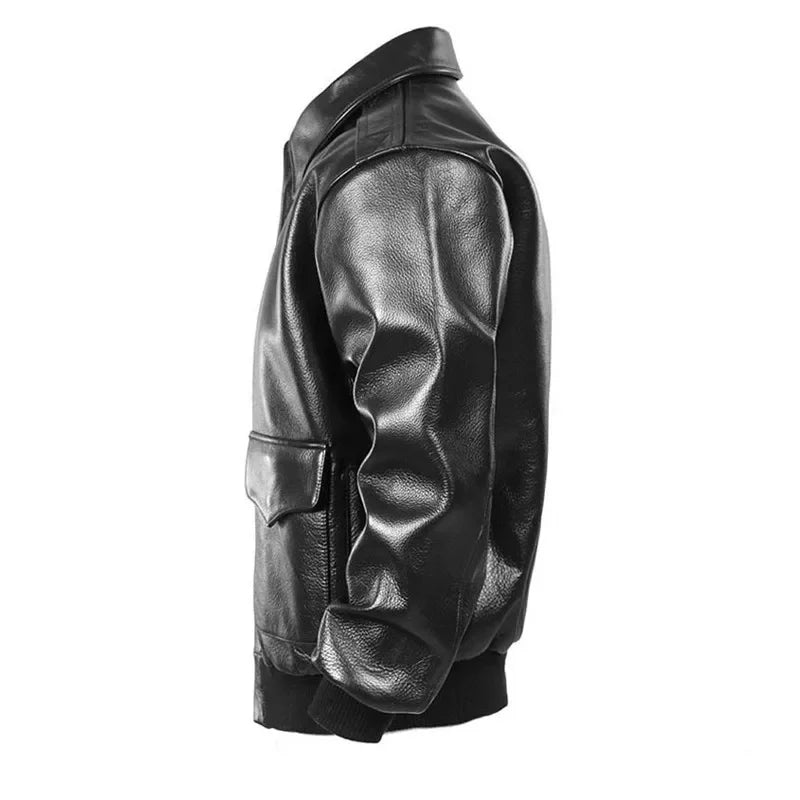 Black Winter Leather Jacket Men Military Style Europe Size Genuine Natural Thick Cowhide Warm Turn-Down Collar A2 Flight Coat