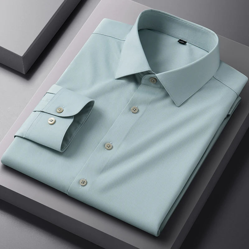 Bamboo Fiber Solid Color Long Sleeve Shirts for Men Slim Fit Formal Plain Shirt Work Anti-Wrinkle Tops Soft Office Clothes