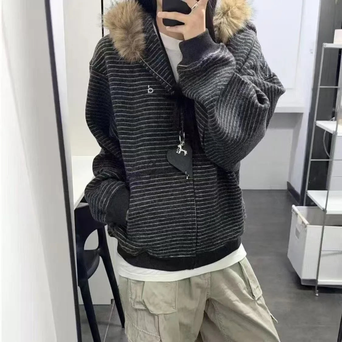 Retro American Striped Hoodie Jacket Women's Loose Fur Collar Outerwear Autumn Winter Zipper Open Cardigan Style Polyester