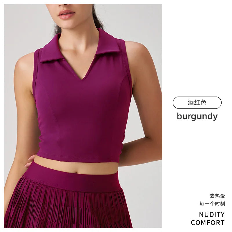 Outdoor Fitness Tennis Outfit Polo Shirt Sleeveless Collared Yoga Vest Breathable Nylon Spandex Slim Fit Youth Women's Top