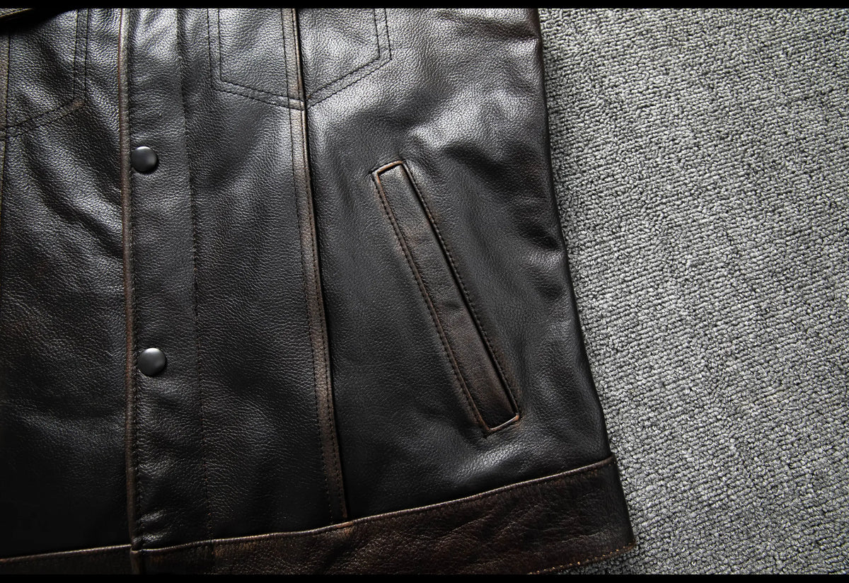 Red Brown Spring Leather Vest Men Retro Style Plus Size 6XL Genuine Natural Cowhide O-Neck Collar Slim Fit Short Sleeveless Coat