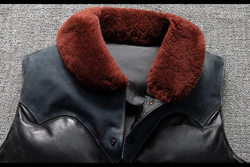 Black Blue Winter Vest Men Retro Style Plus Size 5XL Genuine Natural Sheepskin Wool Collar Single Breasted Spliced Down Vest