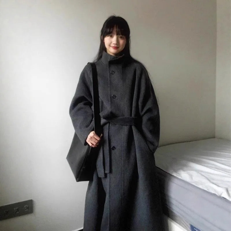 Plus Size Gray Woolen Coat Korean Minimalist Style Women's Medium Length Loose Fit Autumn Winter New Arrival Fashion Outerwear