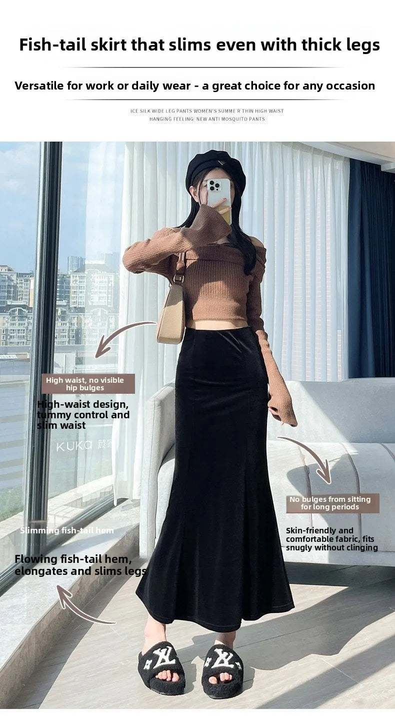 Elegant Long Velvet Skirt Women's High Waist Slim Fit Fish Tail Hem Draping Slimming Full Length Half Body Skirt