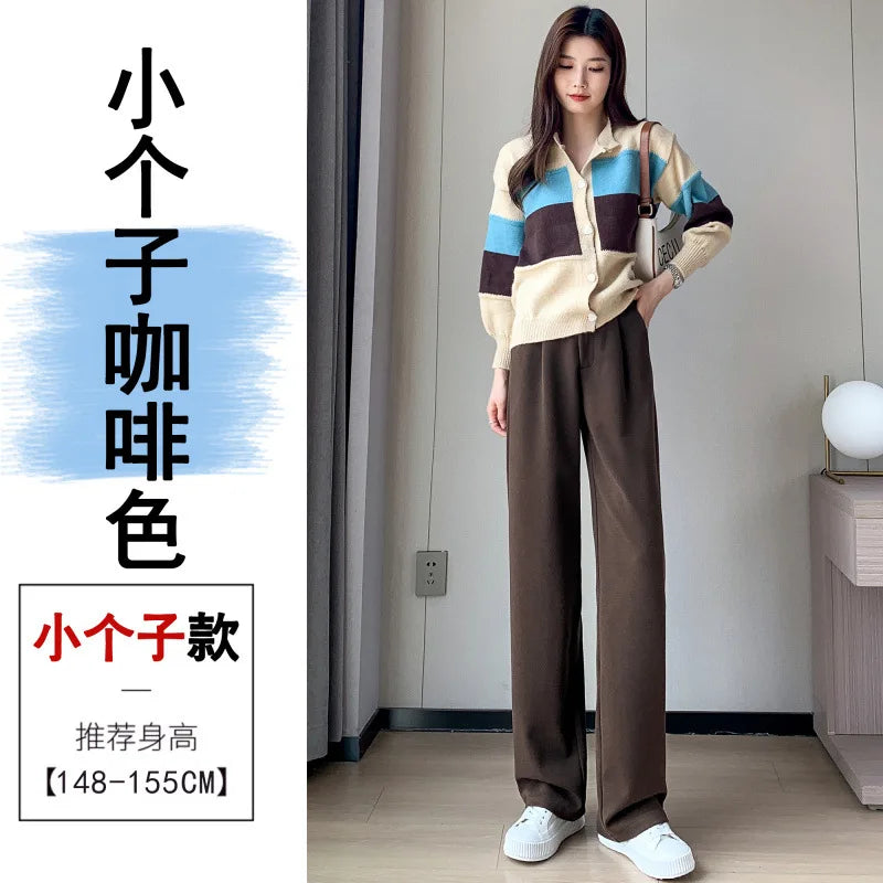 Thickened Fleece Lined Winter Wide Leg Pants High Waist Floor Length Straight Cut Casual Trousers for Women Woolen Suiting