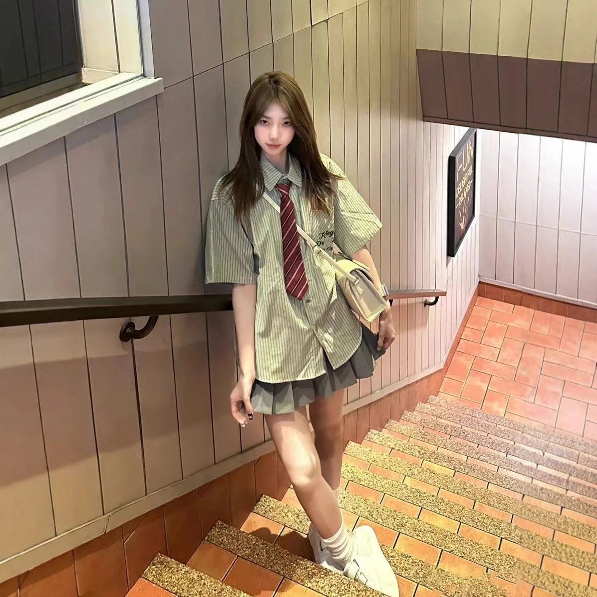 Loose Women's Green Striped Short Sleeve Shirt Korean College Style Summer 2025 Casual Sweet JK Top Polyester Cotton Blend