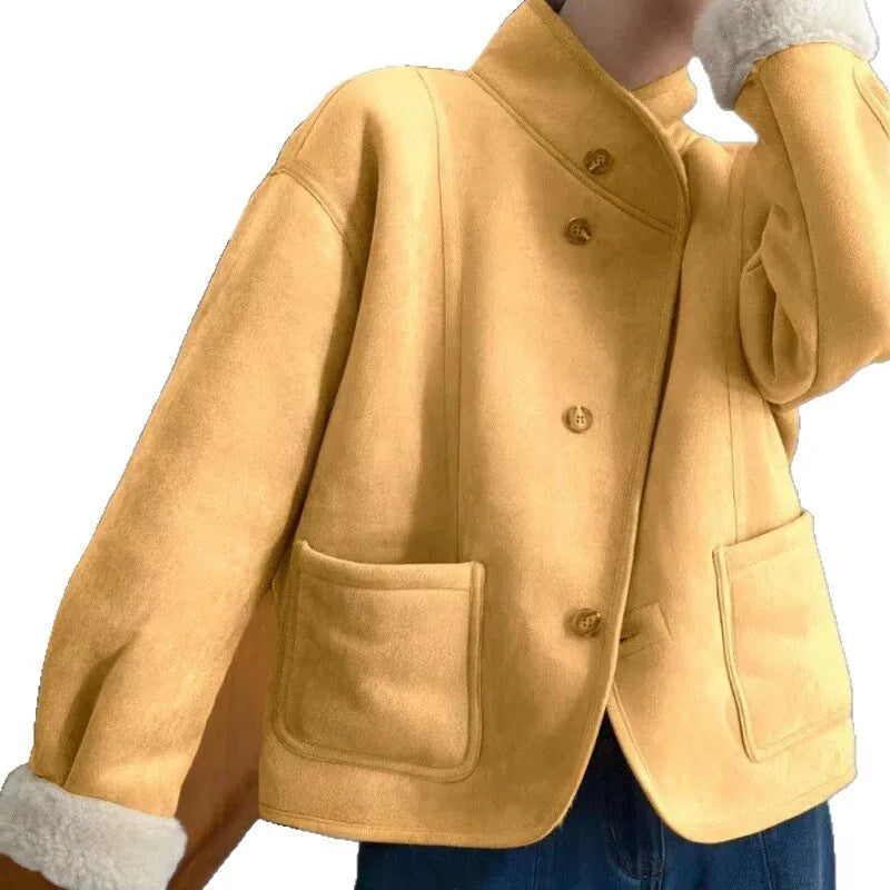Plus Size Warm Short Outerwear Double-Sided Wear Stand Collar Lamb Fur Simulation Suede Polyester Fabric Korean Style Casual ...