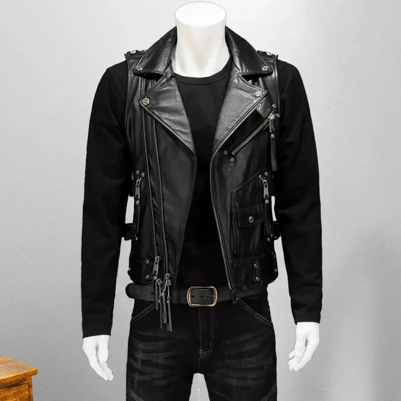 Men Red Brown Leather Biker Vest Vintage Distressed Asymmetrical Zip Sleeveless Jacket Punk Rock Studded Multi-Pocket Waistcoat
