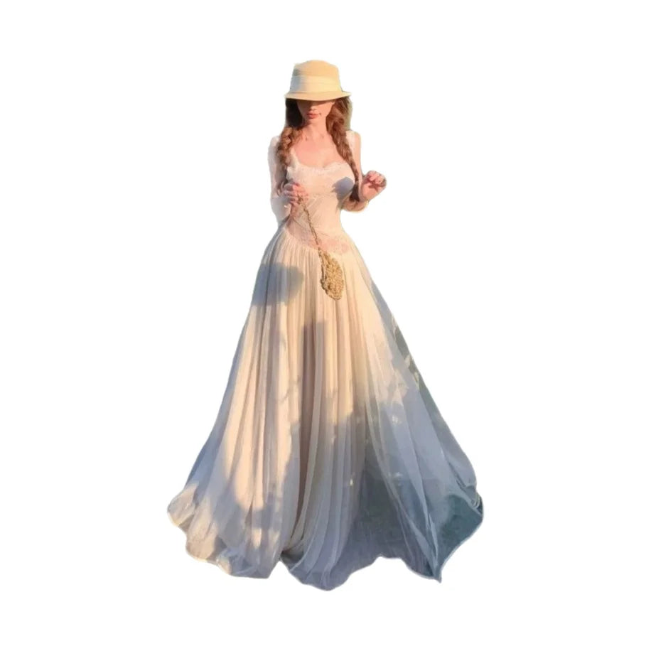 Elegant Lace Backless Strap Dress Women's Gentle Vacation Style Long Dress Sexy Beach Holiday Dress Polyester Fabric High Wai...