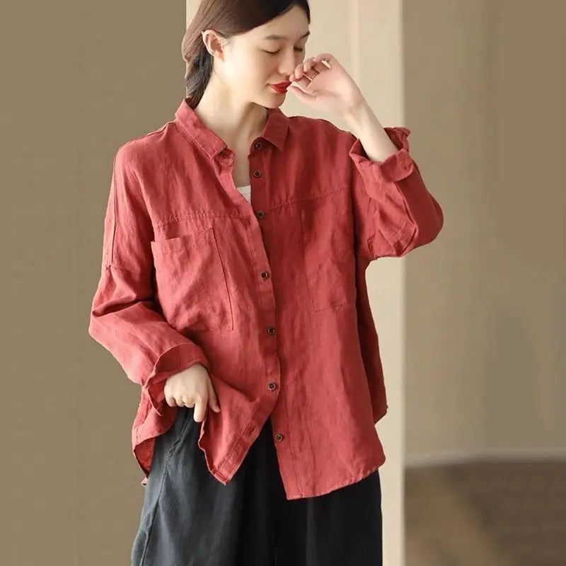 Loose Fit Casual Cotton Linen Long Sleeve Shirt Women's Autumn Winter New Style Thin Open Cardigan Top Comfortable Loose Style